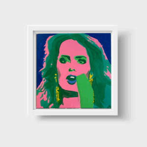 📺✨ **“Trinitron” – Print Enmarcada Cecilia Bolocco en rosa/verde**