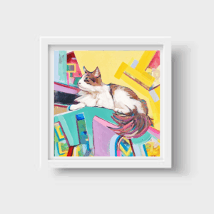 🐱💎 **“Sutileza en Piedra” – Print Enmarcada de Obra Original de Gato Blanco y Gris sobre Pedestal**