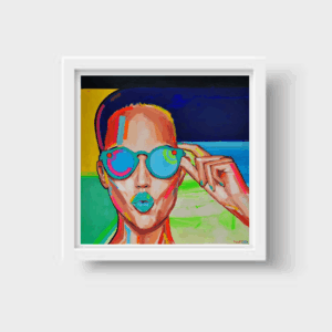 👓💙 **“Claridad Íntima” – Print Enmarcada de Obra Original de Chica Morena con Lentes Azules**